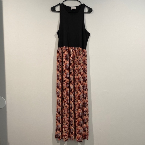Loft Sleeveless Floral Black and Red/Orange Maxi Dress - Size Large - Picture 1 of 8